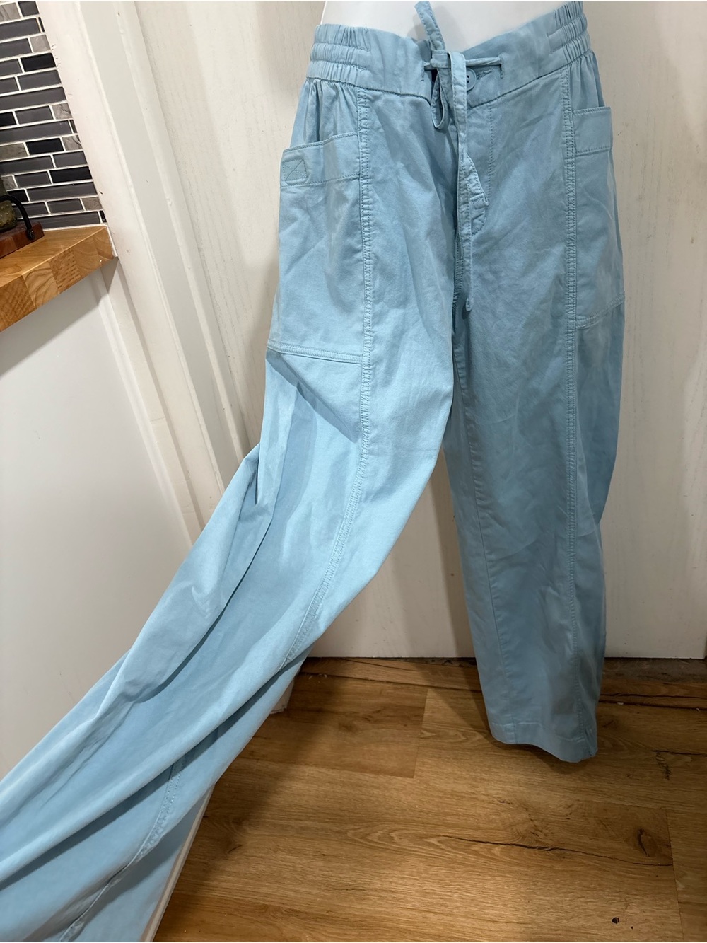 Light Blue women mid rise pull up wide leg comfy Drawstring Pants
